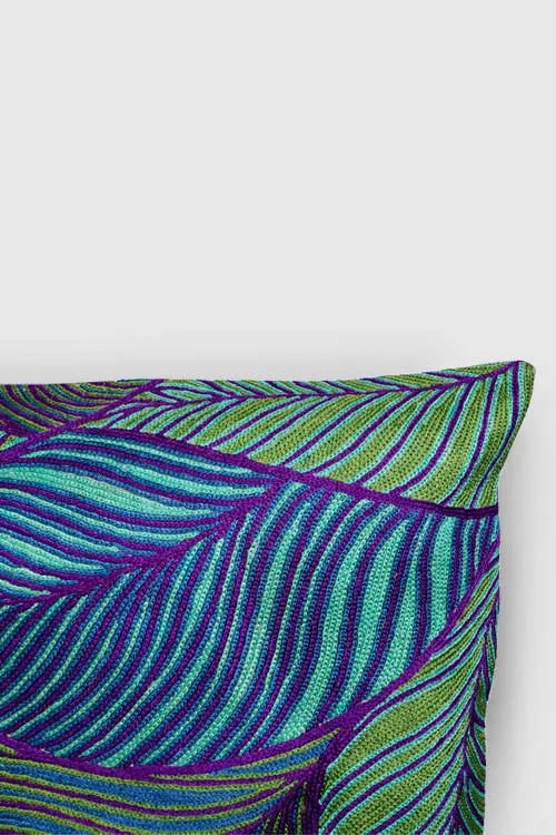 Zaina By Ctok Leaves Chainstitch Embroidered  Cushion Cover - Blue, Purple & Green