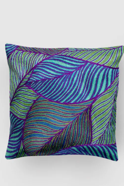 Zaina By Ctok Leaves Chainstitch Embroidered  Cushion Cover - Blue, Purple & Green